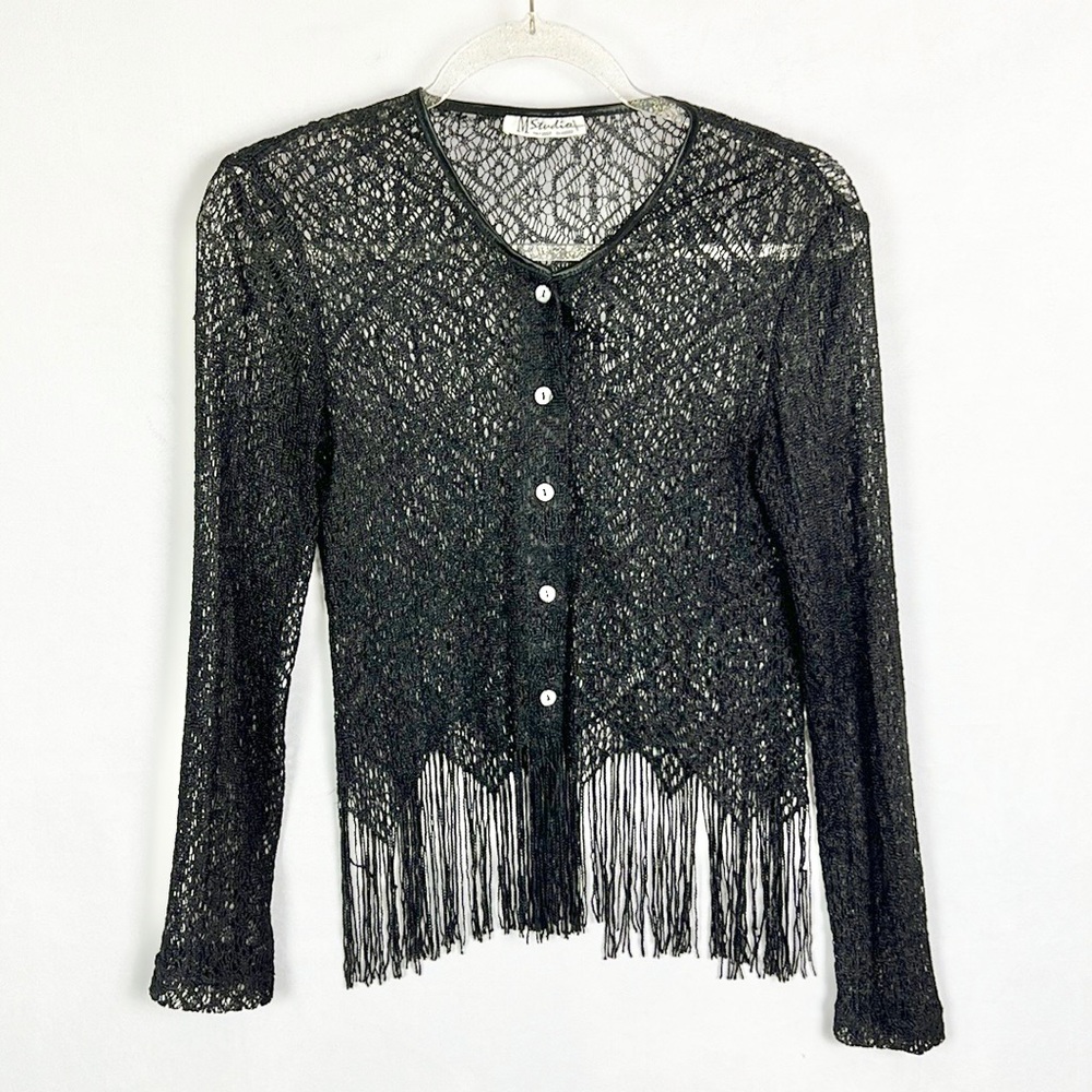 M STUDIO | 🖤 Black Mesh Lace Fringe Hemline Button-Up Blouse Top